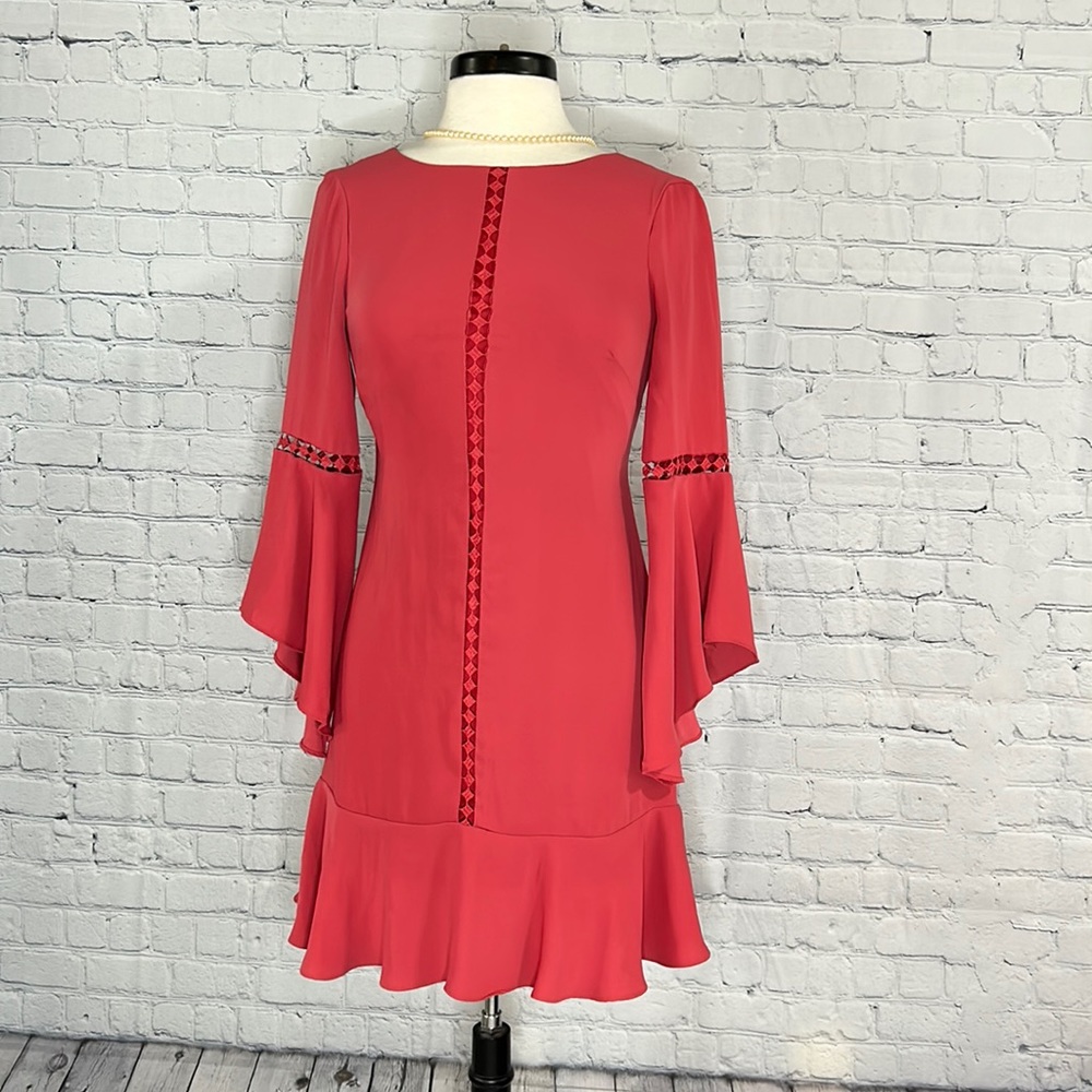 ✨White House Black Market-Drama Flare Bell Sleeve Embroidered Ruffle Dress 🩷